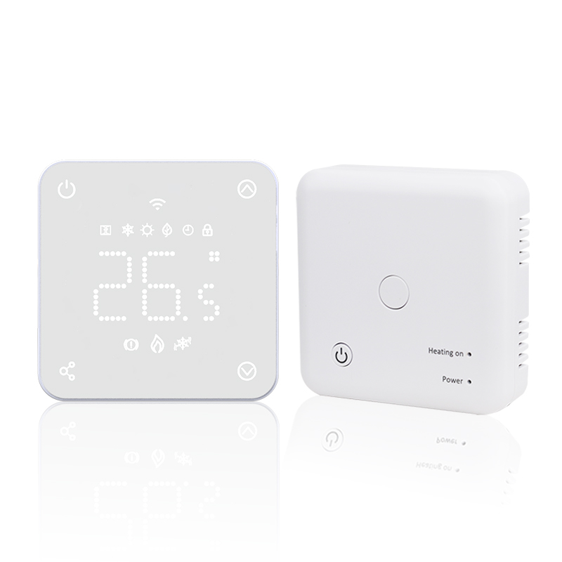 Wireless smart RF thermostat with room temperature control.