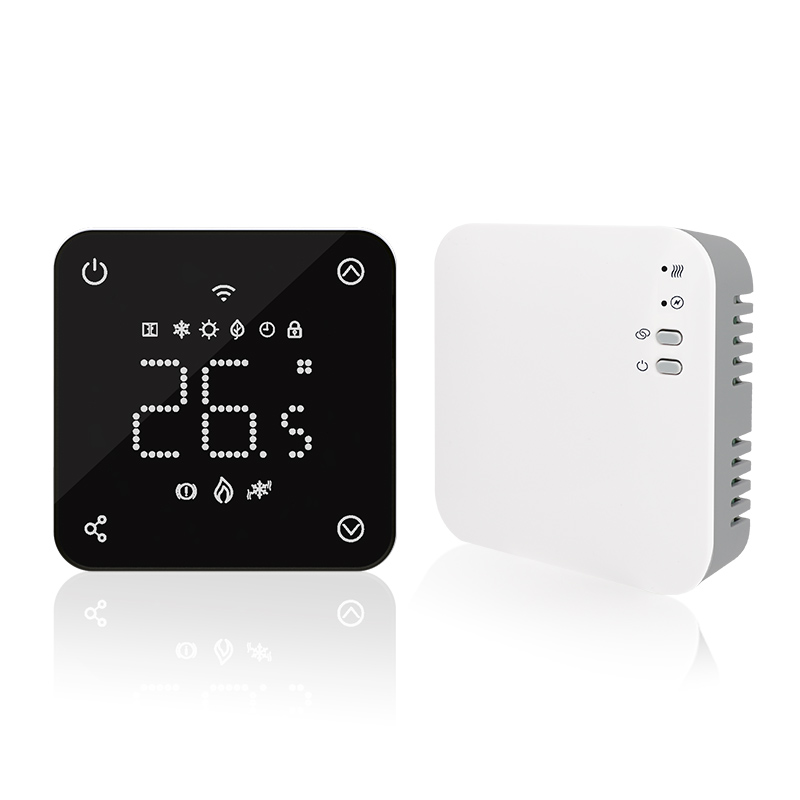 Wireless smart RF thermostat with room temperature control.