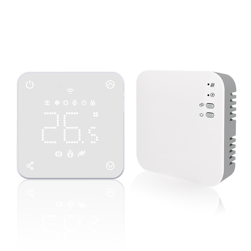 Wireless smart RF thermostat with room temperature control.