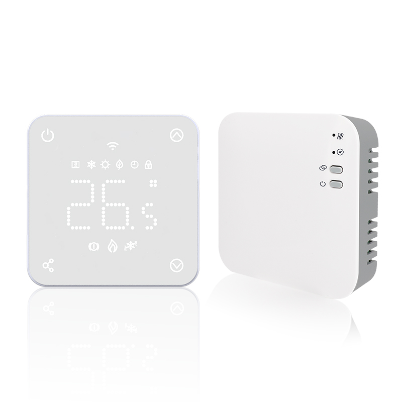 Wireless smart RF thermostat with room temperature control.