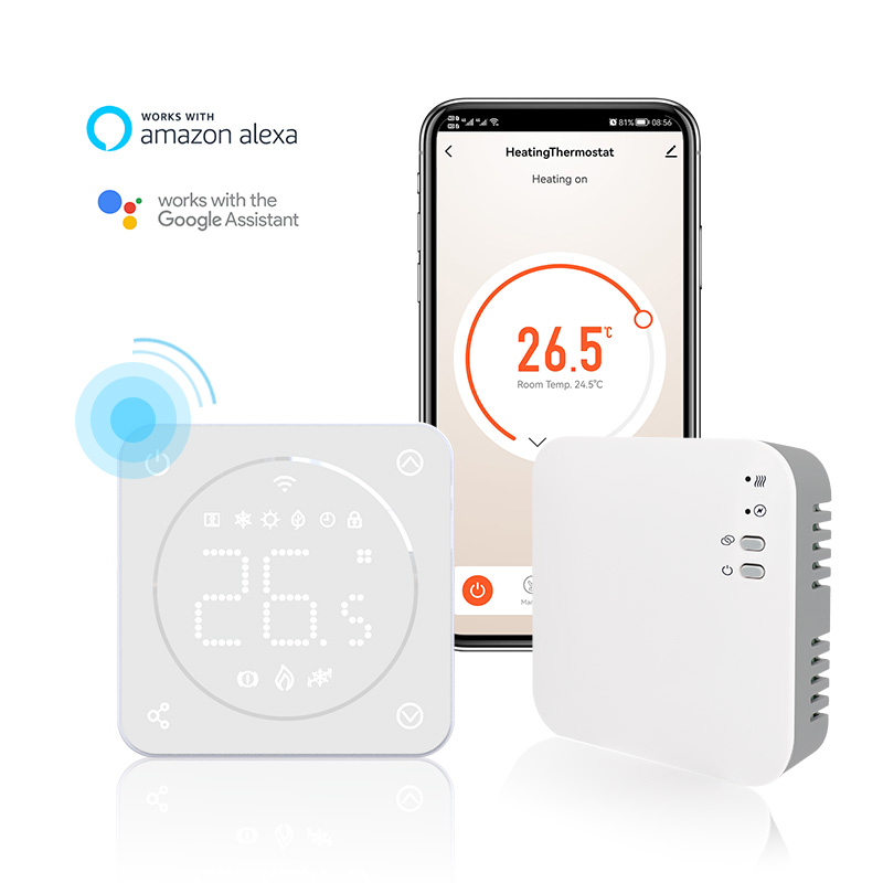 Wireless smart RF thermostat with room temperature control.