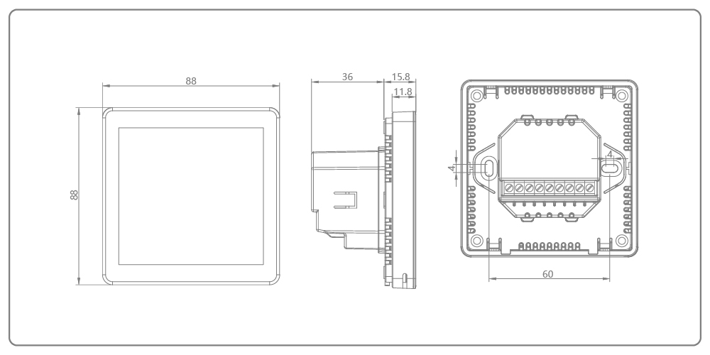 FT-CS08 FCU thermostat dimension drawing: Standard 86x86mm front panel with an ultra-slim 15.8mm visible thickness and 60mm mounting hole pitch for standard junction boxes