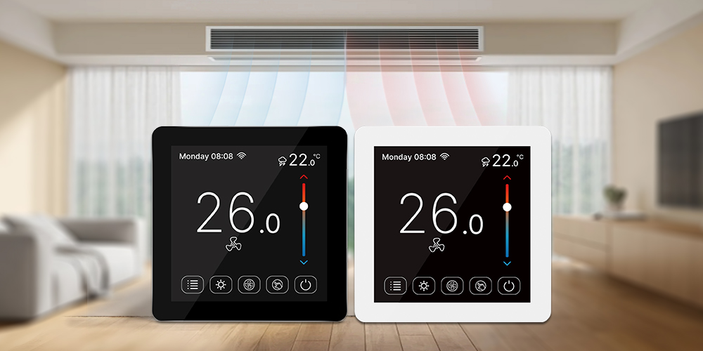 Comparison of FT-CS08 black and white color touchscreen thermostats installed in a modern living room with fan coil unit cooling
