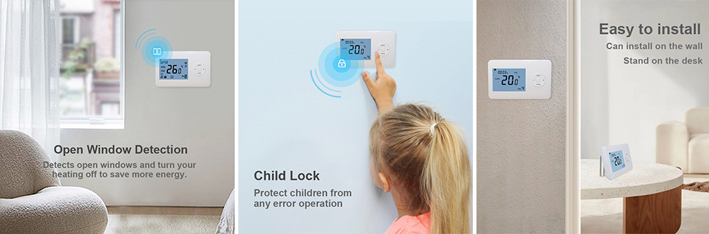 HT-02 Versatile Installation and Smart Features Overview Application of HT-02 battery powered thermostat showing Open Window Detection, Child Lock, and table stand installation