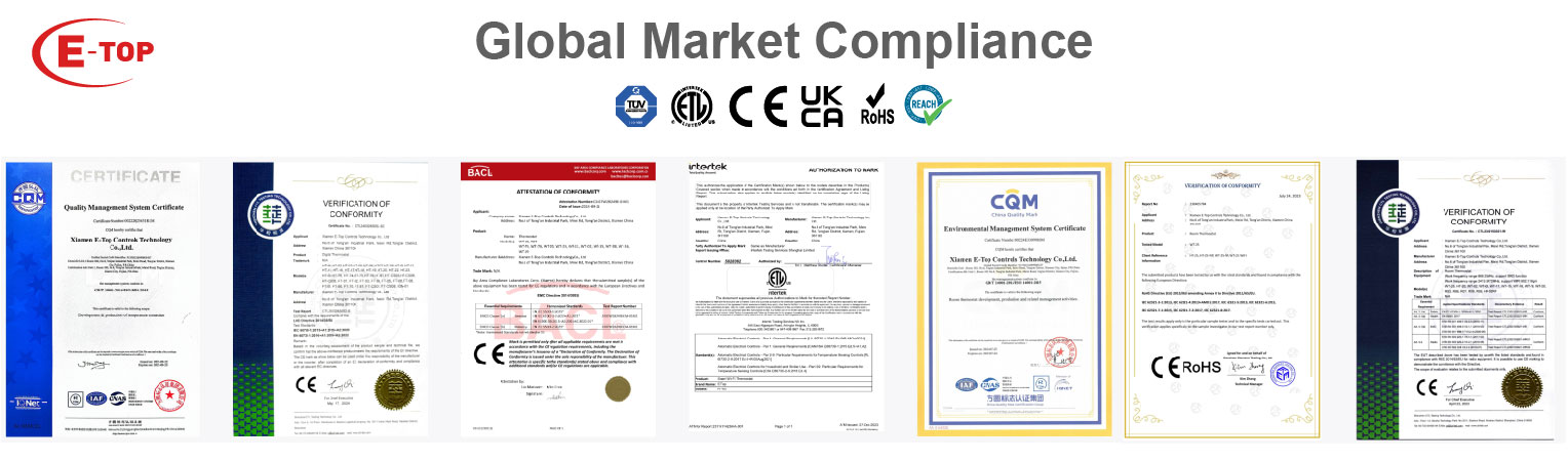 Global Market Compliance & Quality Certifications E-TOP HT-02 thermostat global compliance certificates including CE, UKCA, RoHS, REACH, and ISO9001 factory standards