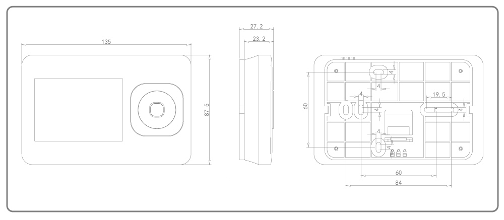 HT-02 Product Dimensions and Mounting Specification Technical drawing and mounting dimensions for HT-02 wired thermostat, 135x87x27.2mm, showing wall mounting holes
