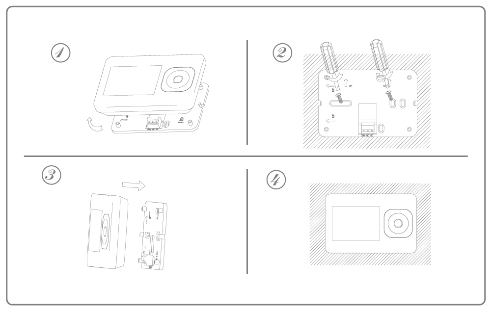 HT-02 Easy Wall Mounting Installation Steps Step-by-step wall mounting installation guide for HT-02 wired thermostat: opening cover, wiring, and fixing backplate