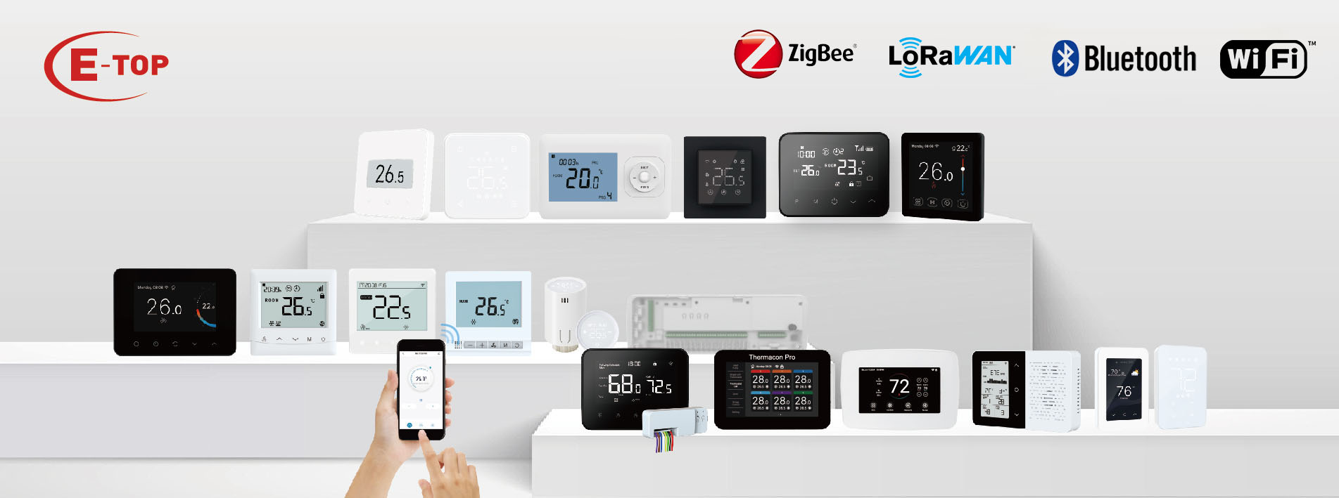 Comprehensive collection of E-top smart wireless thermostats, including WiFi, Zigbee, LoRaWAN, and Bluetooth models for HVAC integration