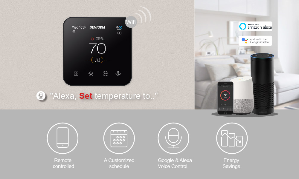 Smart WiFi thermostat compatible with Amazon Alexa and Google Home