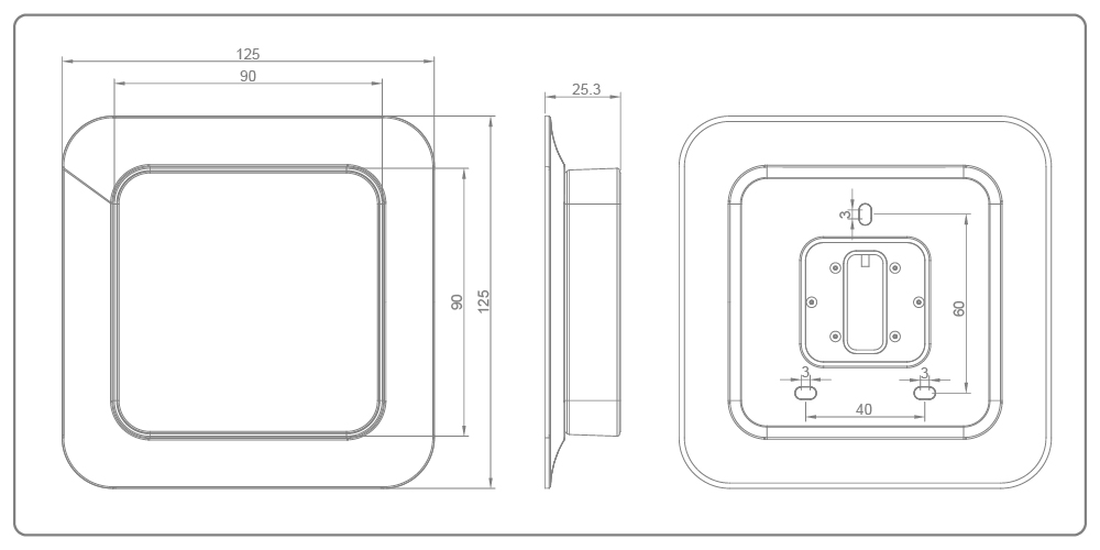 Technical drawing of CH7600 thermostat showing 90mm dimensions and wall plate mounting holes