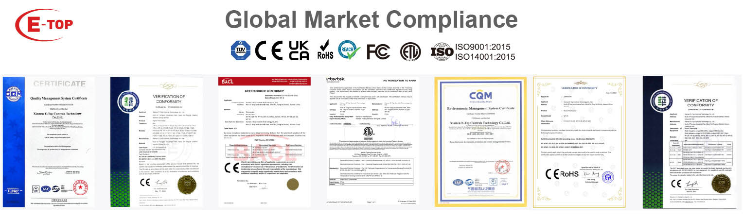 E-TOP Controls product compliance certificates including CE, FCC, UKCA, RoHS, and REACH
