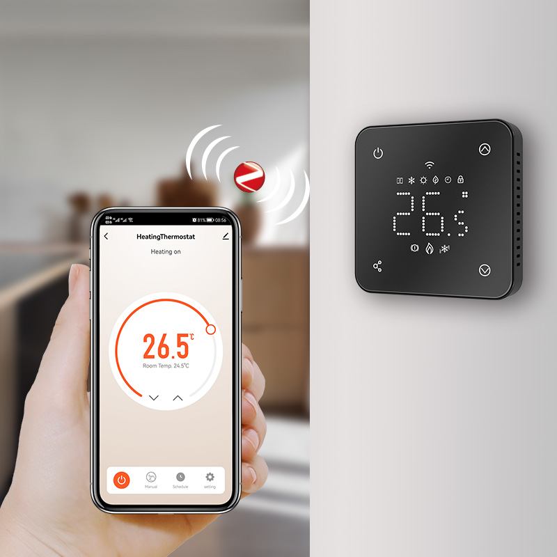 Professional Zigbee 3.0 heating thermostat with smartphone app interface for multi-zone hotel and office climate control