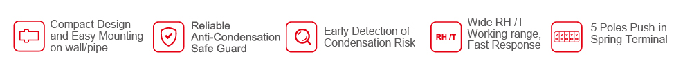 Key features of ES-02 condensation monitor: early detection, anti-condensation safeguard, and easy wall or pipe mounting