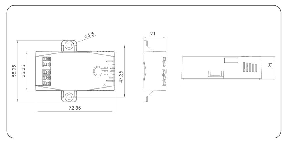 Dimensional drawing of ES-02 condensation monitor showing product size and mounting hole specifications