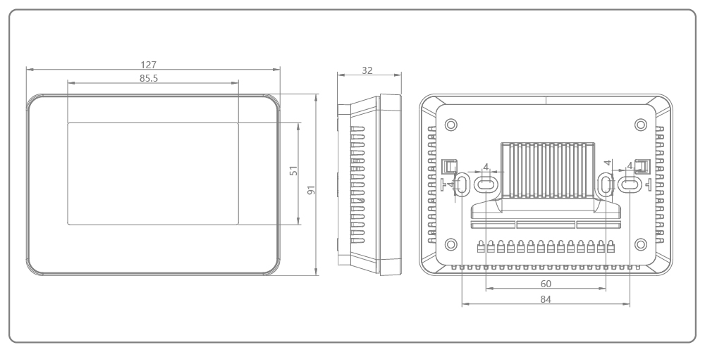FT-CS70 Ultra-Slim Color Touch Screen Thermostat Physical Dimensions