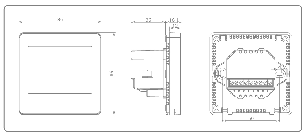 FT-66 Hospitality LCD Thermostat Detailed Dimensions and Casing Size