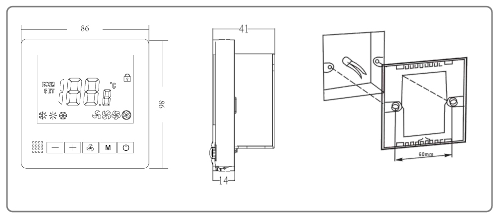 FT-06: Technical Specifications - Dimensions & Installation Steps Installation guide and product dimensions for FT-06 fan coil unit thermostat