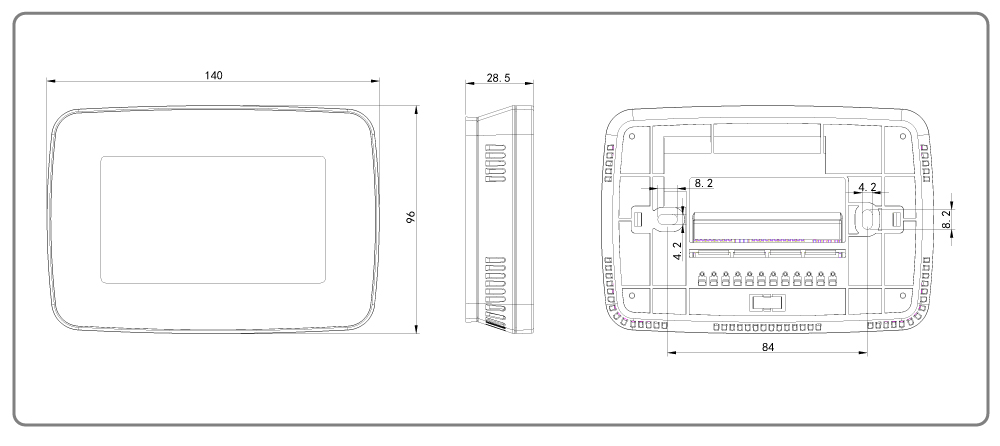 Technical dimensions drawing of CH7100 thermostat showing 140mm width and 96mm height