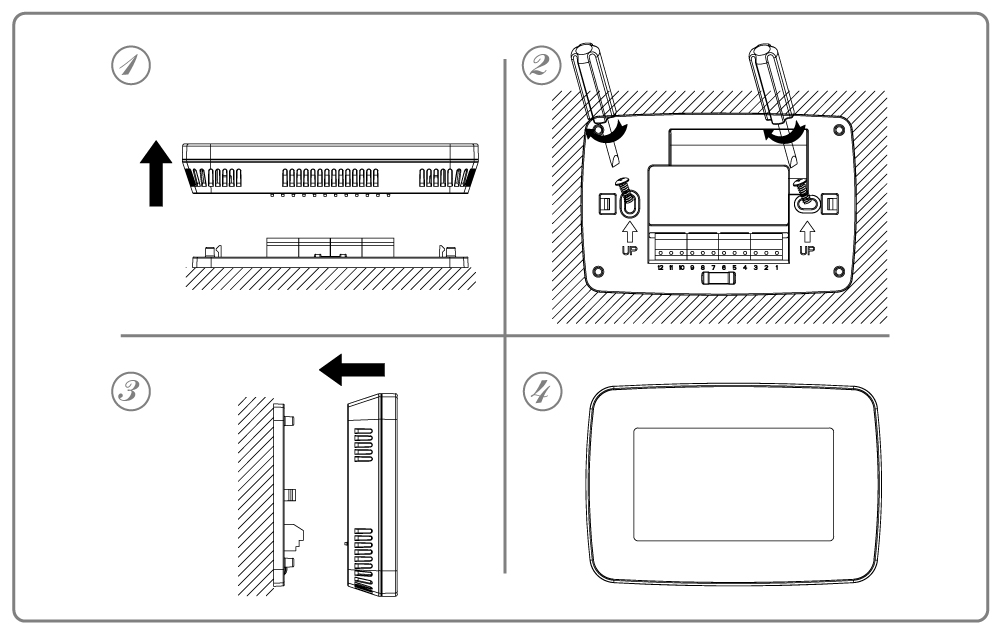 Step-by-step installation guide for CH7100 thermostat showing baseplate separation and wiring