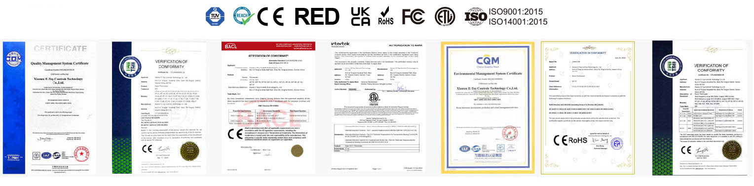 E-TOP Controls product compliance certificates including CE, FCC, UKCA, RoHS, and REACH