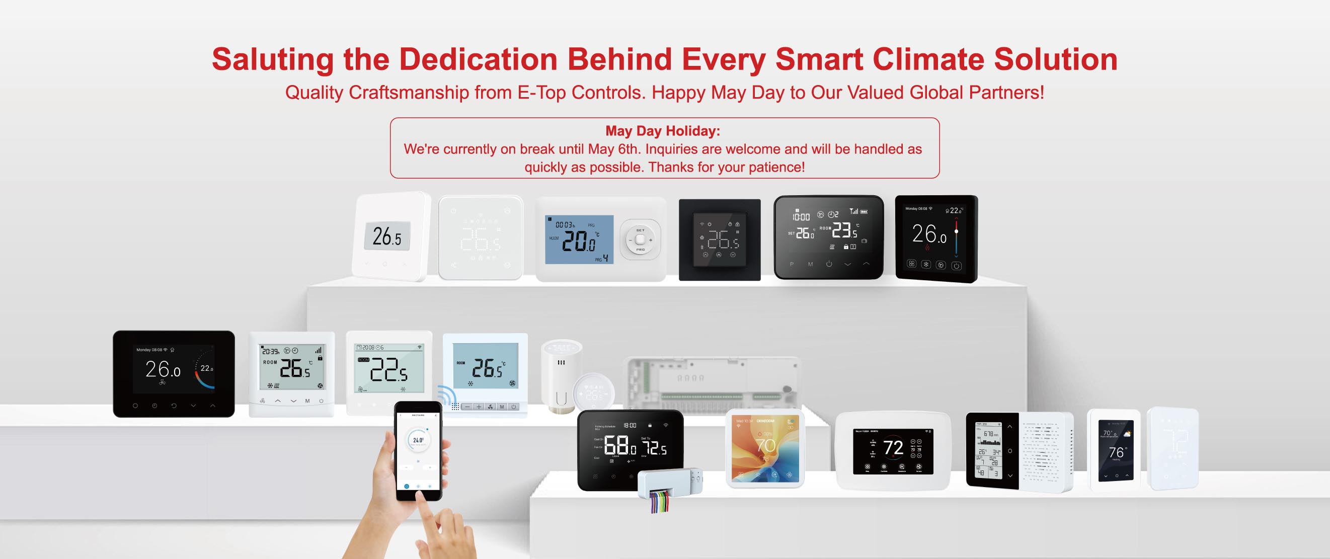 E-Top Controls smart thermostats collection with May Day holiday notice for HVAC partners