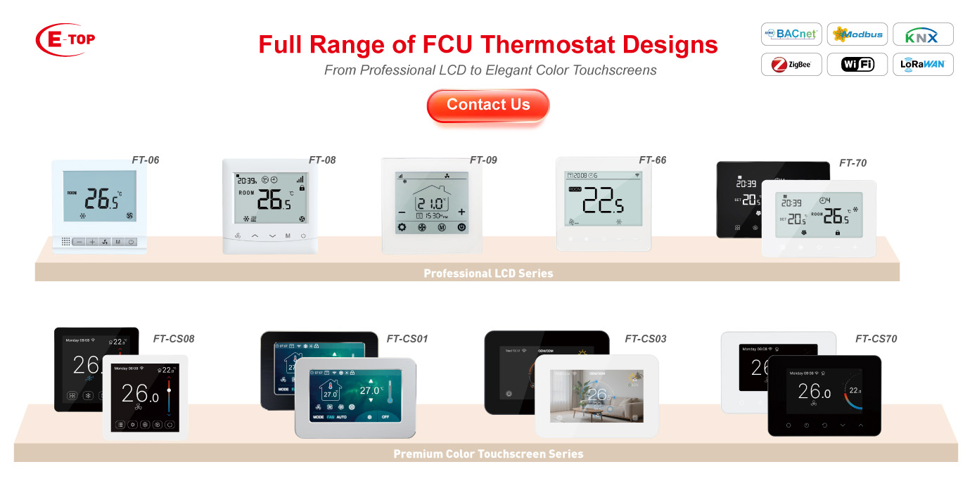 Full range of E-Top FCU thermostats including Professional LCD and Premium Color Touchscreen series supporting BACnet, Modbus, and WiFi