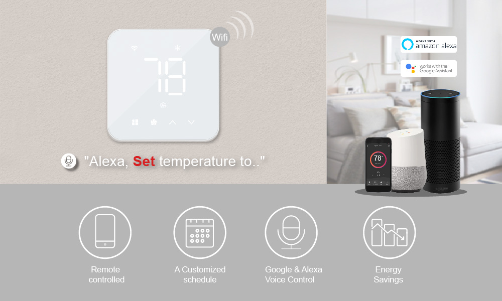 CH7500 Smart Home Voice Control and Energy Saving Features Marketing banner for CH7500 smart thermostat showing compatibility with Amazon Alexa and Google Assistant with feature icons for remote app control and customized scheduling