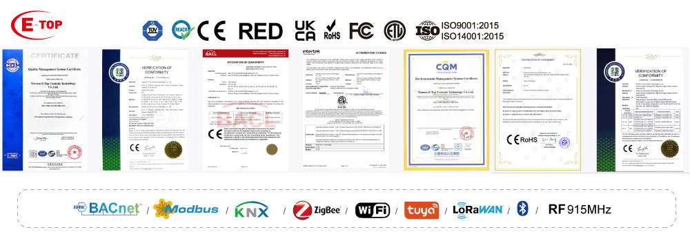 E-TOP HVAC control certifications (CE RED, UKCA, RoHS, REACH) and supported protocols including BACnet MS/TP, Modbus, Zigbee, and LoRaWAN.