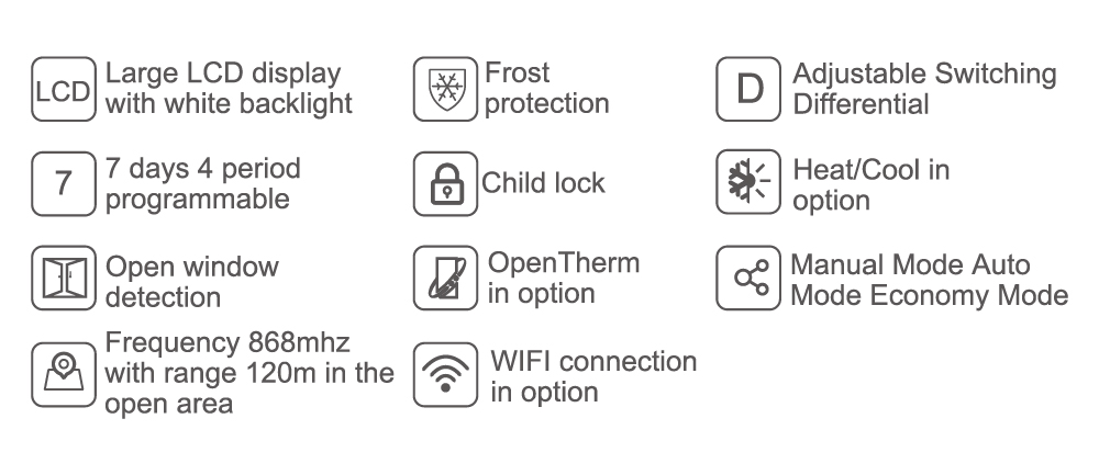 WT-02 programmable wireless thermostat advanced safety logic features including open window detection, frost protection, child lock, and temperature calibration.