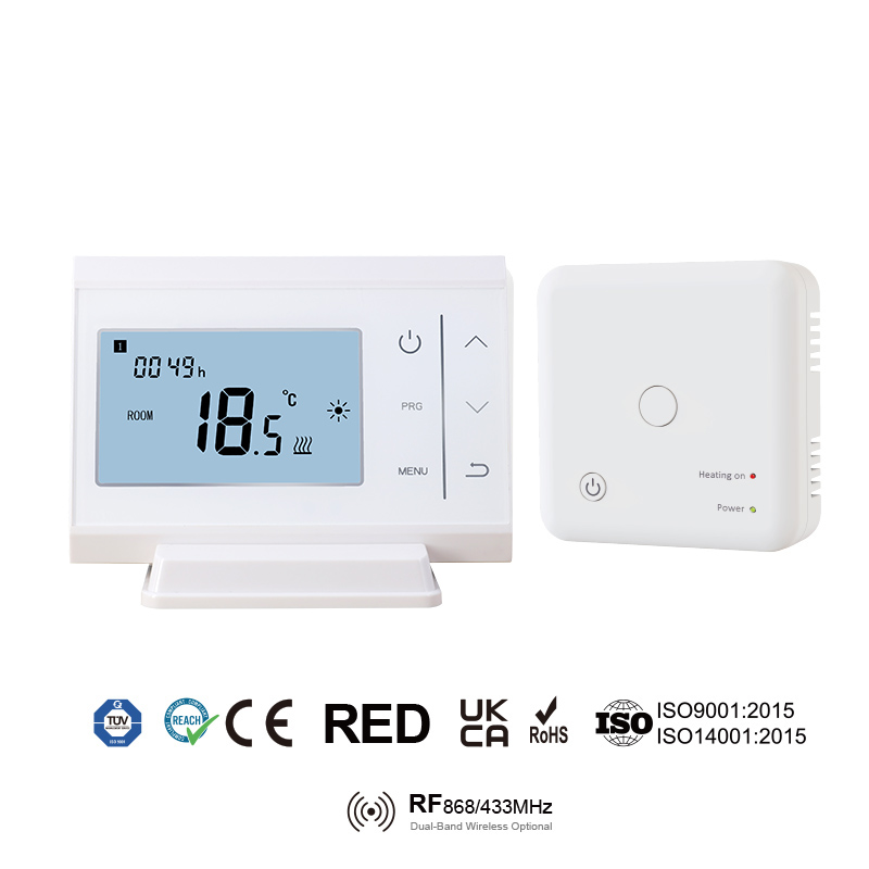 WT-11 wireless programmable smart heating thermostat with RF receiver, showing TUV CE, RED, and UKCA certification marks for European B2B wholesale