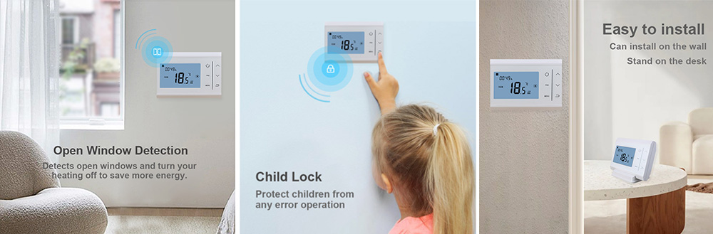 E-TOP WT-02 smart wireless thermostat features with child lock and open window detection