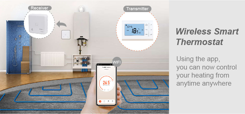 E-TOP WT-02 wireless smart thermostat system application with receiver and phone app control