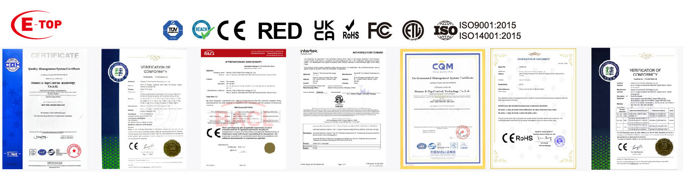 Full set of EU compliance certificates including CE, RED, RoHS, and UKCA for E-TOP wireless boiler thermostats