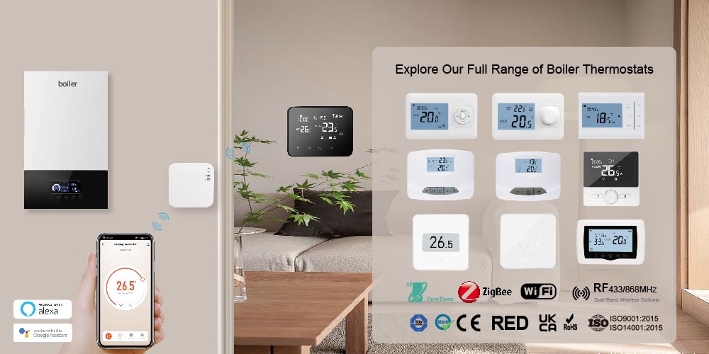 E-TOP boiler thermostat range: OpenTherm, Zigbee, WiFi, and RF solutions with CE, RED, and ISO certifications