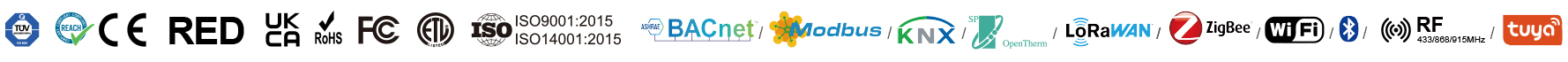 Industry certifications including CE, RoHS, FCC, and communication protocols support for BACnet, Modbus, KNX, LoRaWAN, Zigbee, Wi-Fi, and Bluetooth