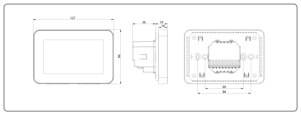 FT-CS03 Fan Coil Unit Thermostat Dimension Specification Sheet FT-CS03 touchscreen fcu thermostat physical dimensions and casing size