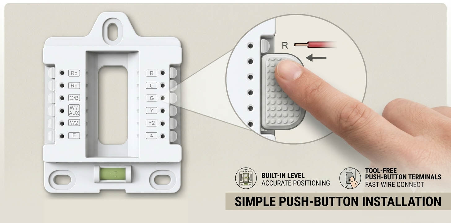 CH7500 smart thermostat featuring built-in level and tool-free push-button terminals for fast and easy wiring installation