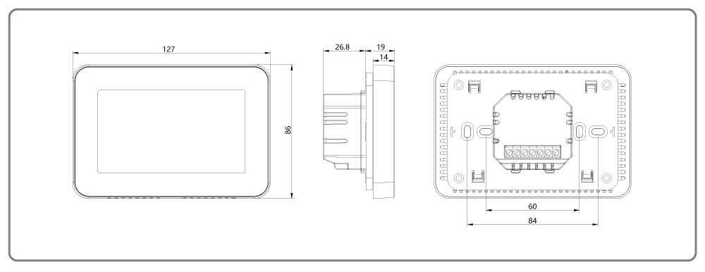 HT-CS03 thermostat recessed mounting dimensions and installation diagram
