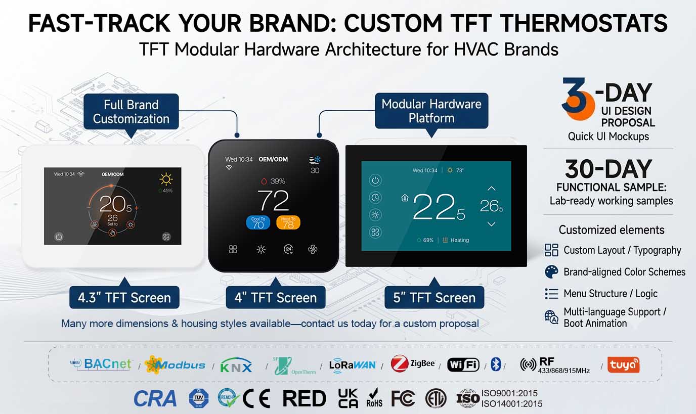 E-TOP custom TFT thermostat UI design and modular hardware architecture