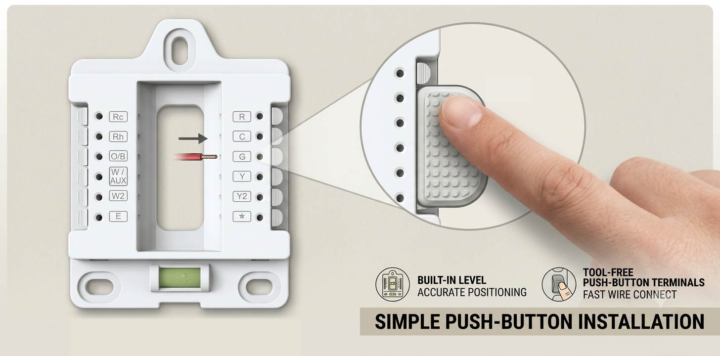 CH7500 Simple Push-Button Installation CH7500 smart thermostat featuring built-in level and tool-free push-button terminals for fast and easy wiring installation