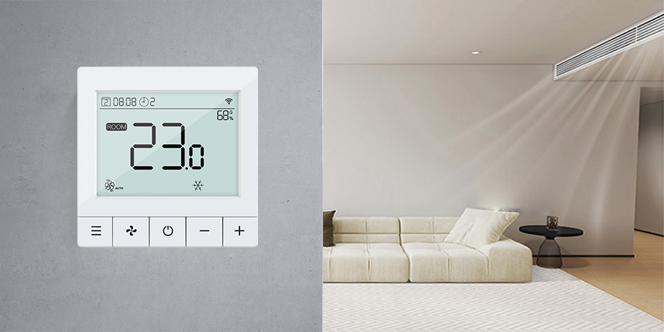 FT-95 smart thermostat in modern living room FT-95 Smart Thermostat Application in Modern Interior