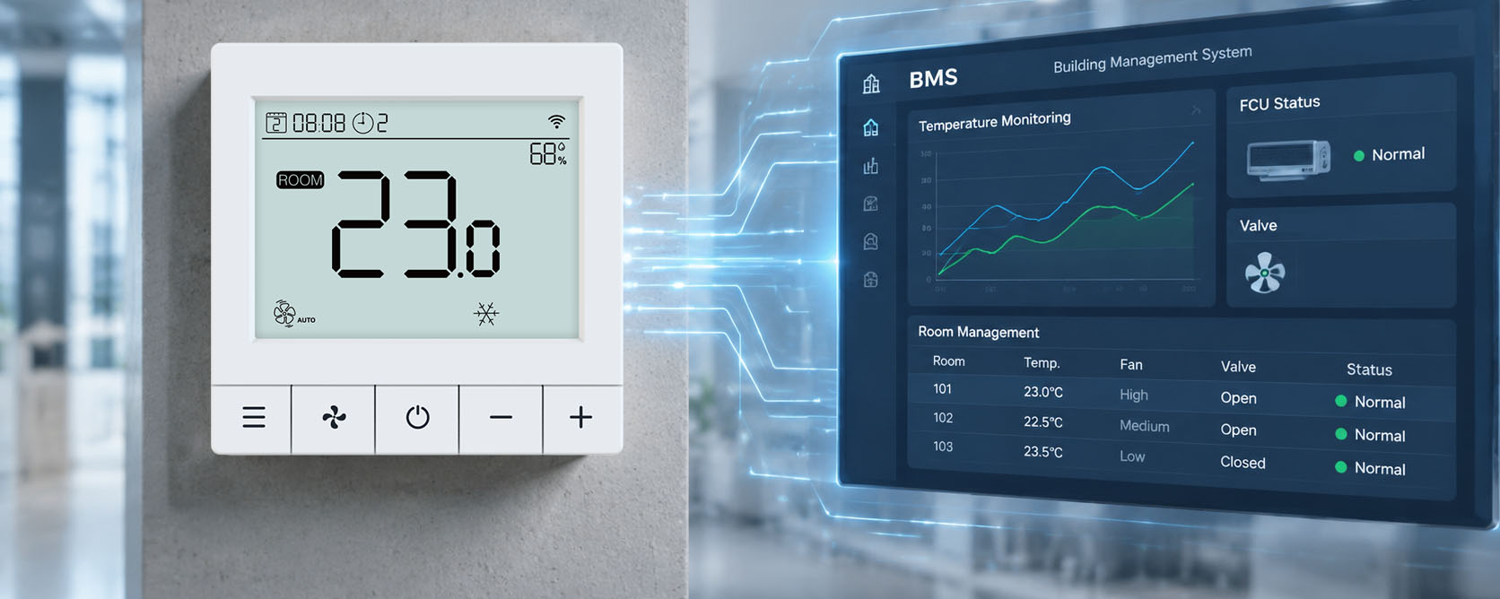 BACnet Thermostat to BMS Dashboard Integration BACnet thermostat communicating real-time data to a central Building Management System dashboard