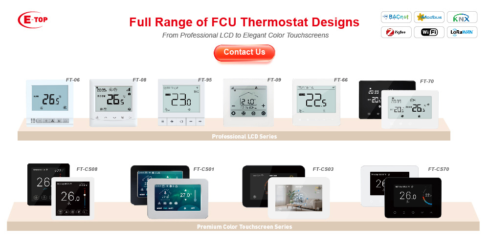 Professional LCD and premium color TFT touchscreen FCU thermostats by E-TOP Controls
