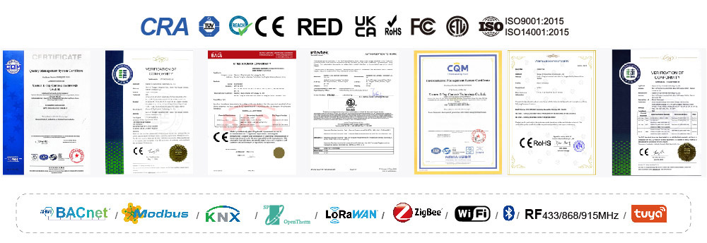 E-TOP Compliance Certificates and Communication Protocols E-TOP thermostat compliance certificates including CE, RED, UKCA, RoHS, ISO9001 and supported HVAC protocols