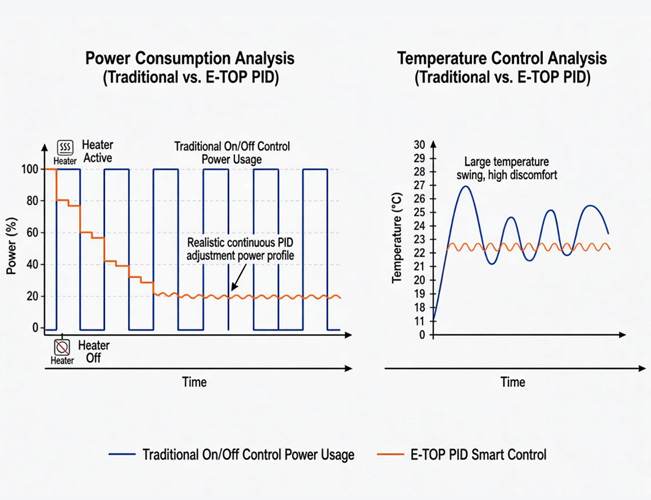 E-TOP Adaptive PID Control Technology Adaptive PID control vs traditional on/off heating stability comparison