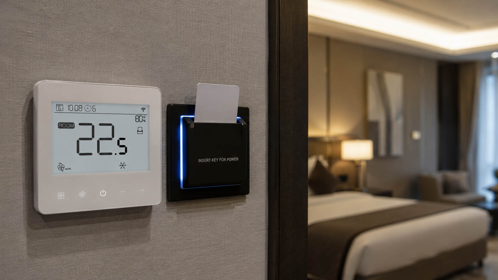 Smart Hotel Room HVAC Control System A modern hotel room showing a smart FCU thermostat synced with a key card switch on the wall for energy-saving HVAC control