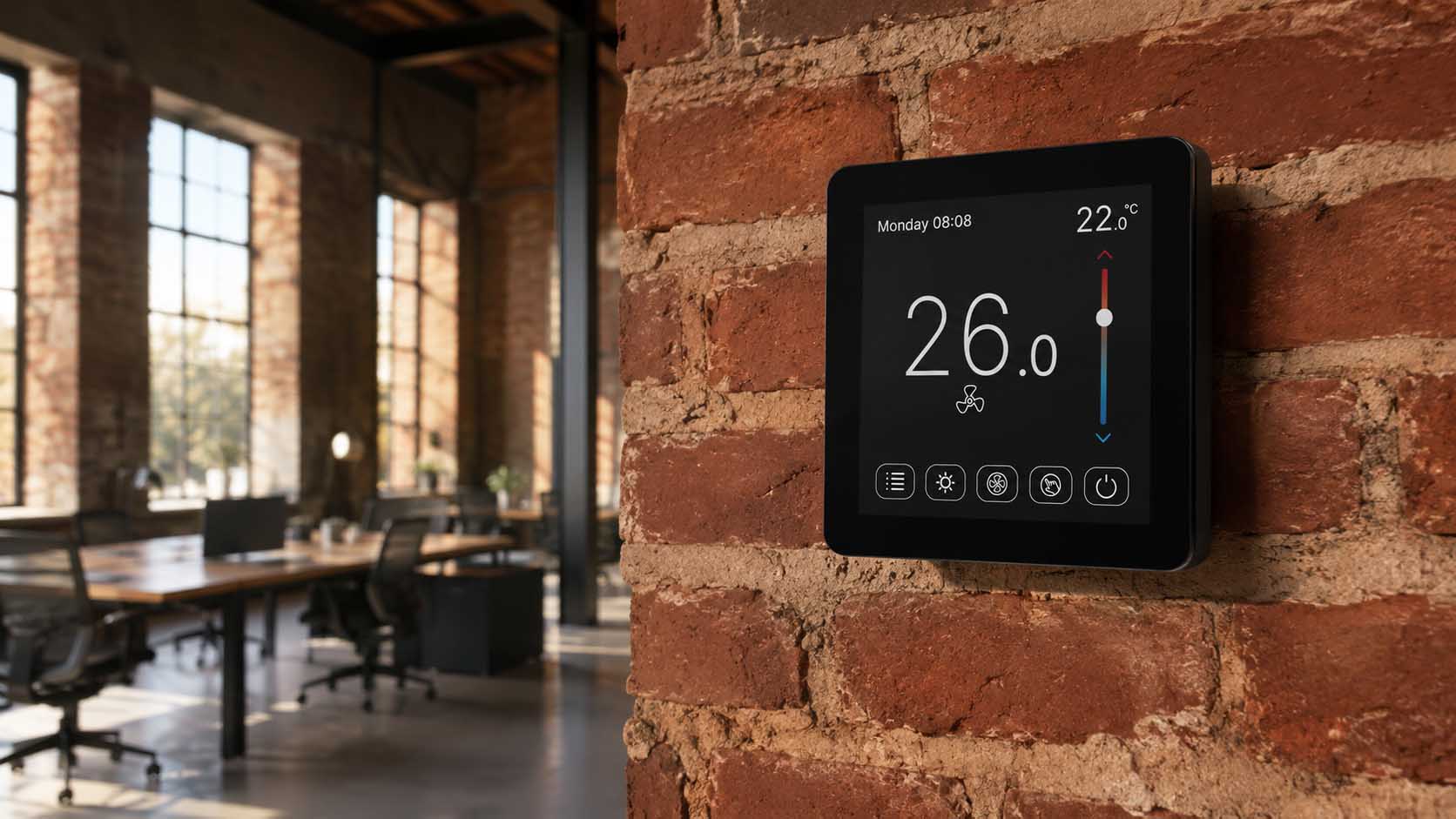 A sleek wireless commercial thermostat installed on an exposed brick wall in a retrofitted historic office building