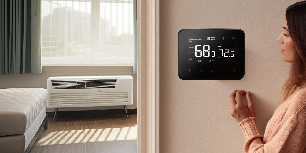 Wireless WiFi Smart Thermostat and Module for PTAC Modern wireless digital thermostat paired with a base module installed for commercial PTAC units