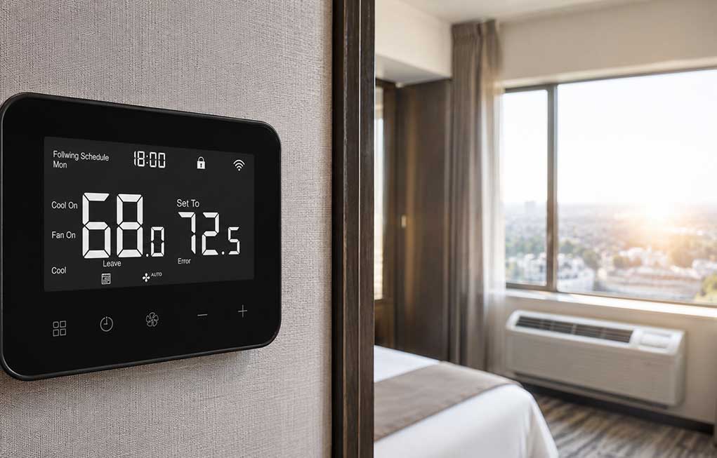 Wireless PTAC Thermostat Retrofit A modern wireless digital thermostat mounted on a hotel wall controlling a PTAC unit