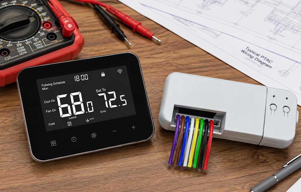 Commercial PTAC Thermostat CH7400 Technical Specs E-TOP CH7400 wireless PTAC thermostat display and wiring module for commercial HVAC retrofits